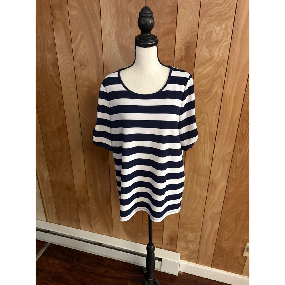 Chicos Navy White Striped Roll Tab Sleeve Top Size 1 Medium Nautical Scoop Neck